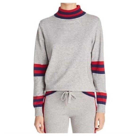 Madeleine Thompson x AQUA Mockneck Pullover Sweater Size XS Gray Red Blue Stripe - Picture 2 of 10